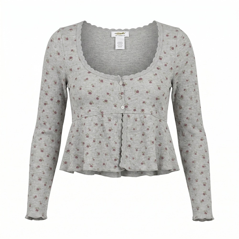 Kirious Los Angeles Floral Thermal Top L Gray Waffle Knit Peplum Henley Shirt